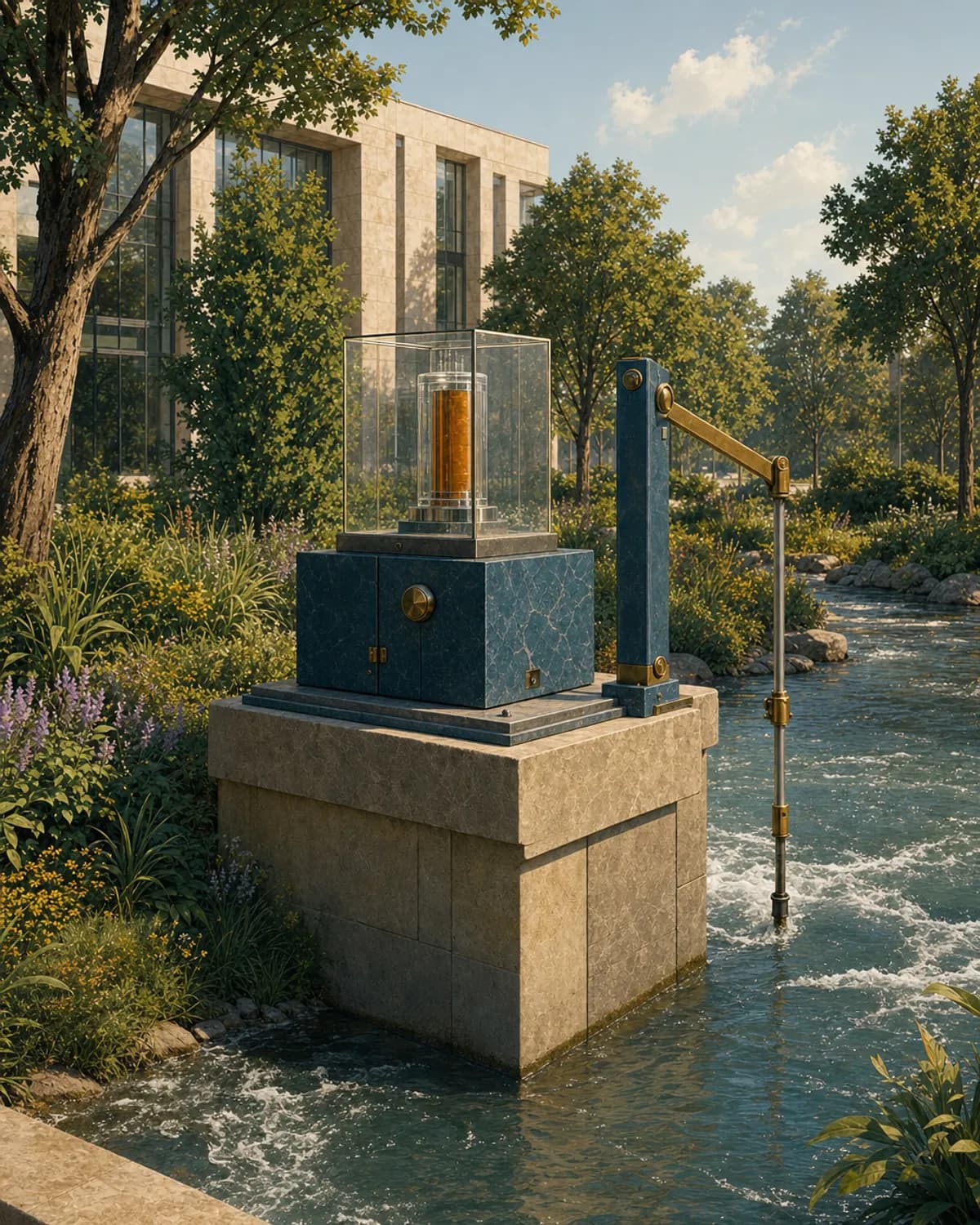 A sealed brass cylinder in its case on a river marker, the water moving past it