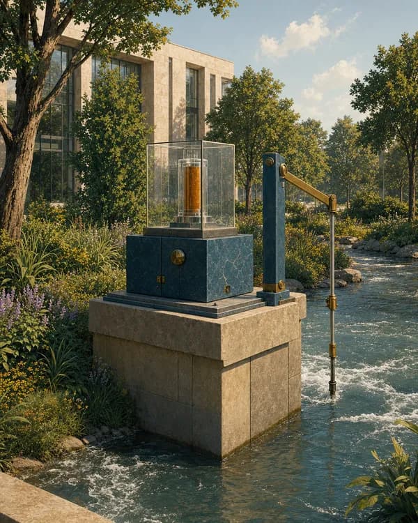 A sealed brass cylinder in its case on a river marker, the water moving past it
