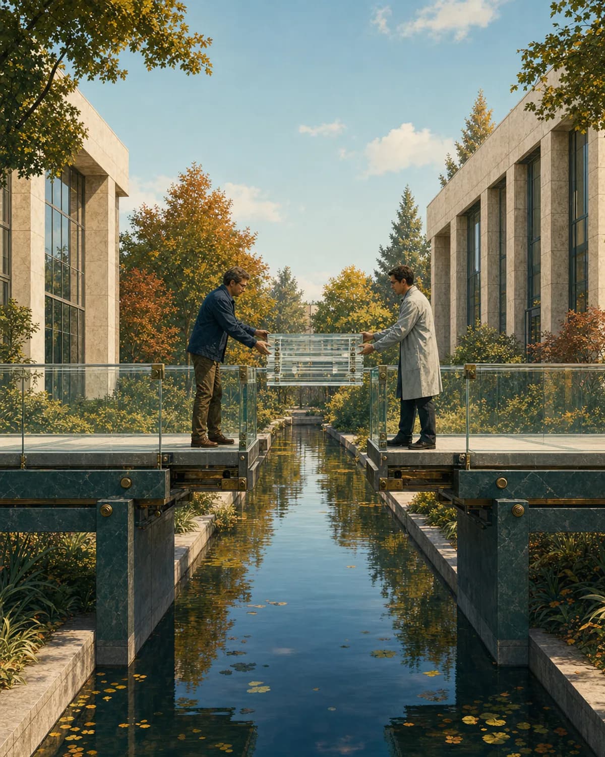 Two engineers standing either side of an unbridged gap in a raised walkway