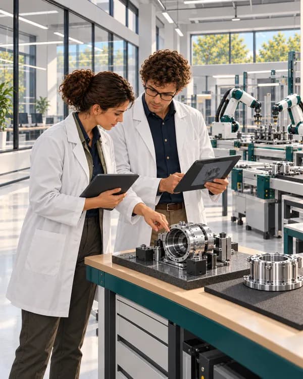 Two people in white lab coats use tablets to inspect a machined assembly on a bright automated factory floor, beside a glass observation gallery.