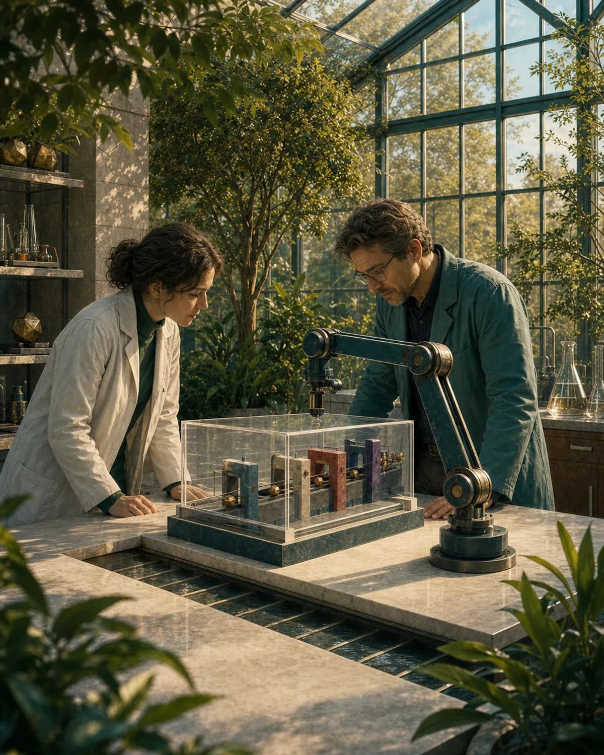 Two people in a glasshouse with a sample case of small coloured pieces open between them