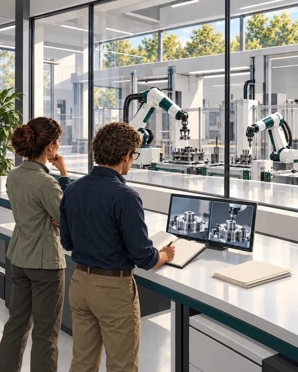 Two people in everyday clothing examine a notebook and recorded component images while robotic work continues behind glass.