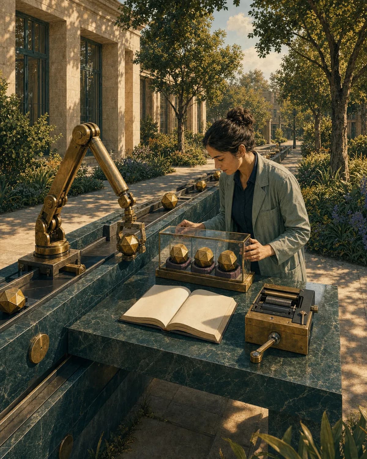 A researcher examines three gold decision tokens in a glass case beside a working brass mechanical arm and an open reference book in a sunlit courtyard.