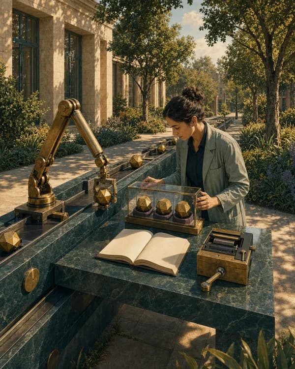 A researcher examines three gold decision tokens in a glass case beside a working brass mechanical arm and an open reference book in a sunlit courtyard.