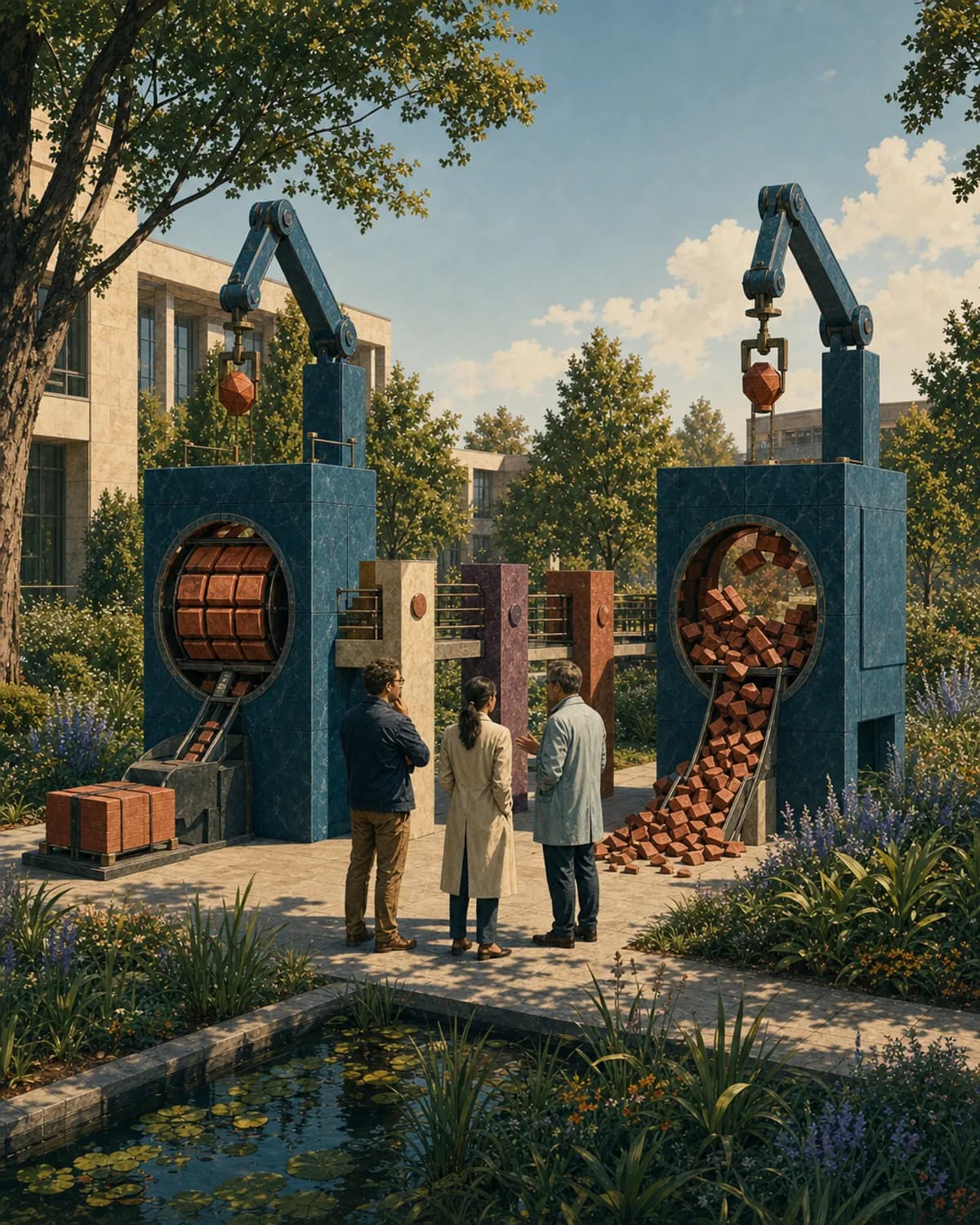 Three people standing between two machines, the flow of gold pieces legible between them