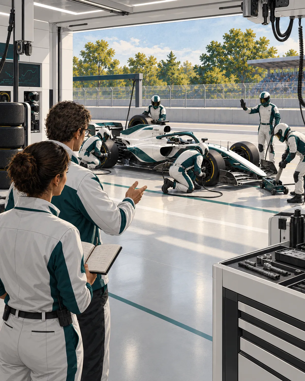 Illustration of two team members watching a crew service a white-and-teal open-wheel racing car in a bright modern garage; one holds a notebook.