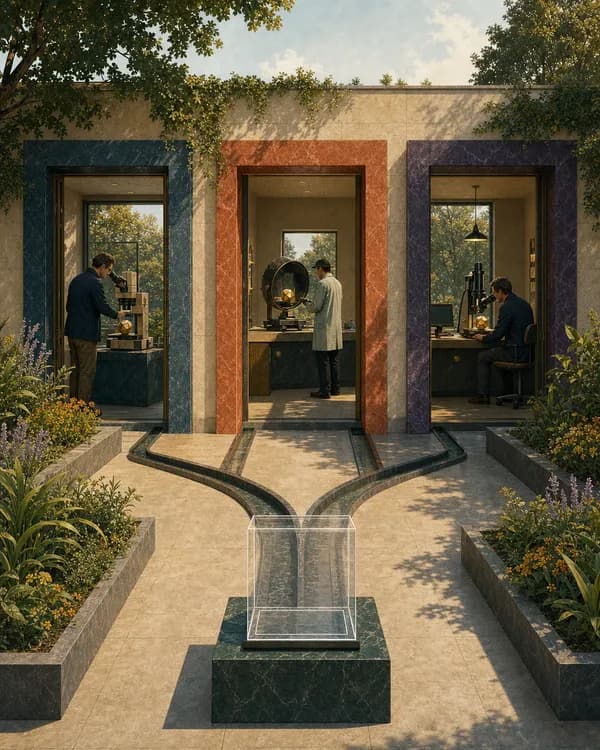 Three coloured doorways converging on a single case set on a plinth