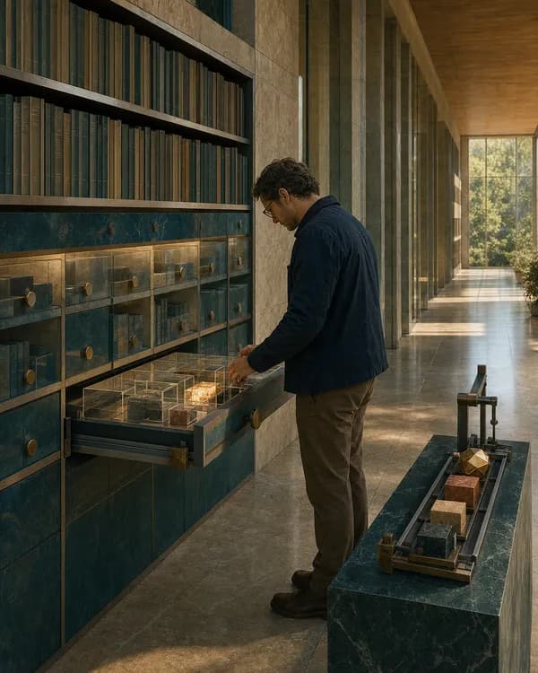 A lit drawer of precedent cards pulled open by a figure, a corridor receding behind