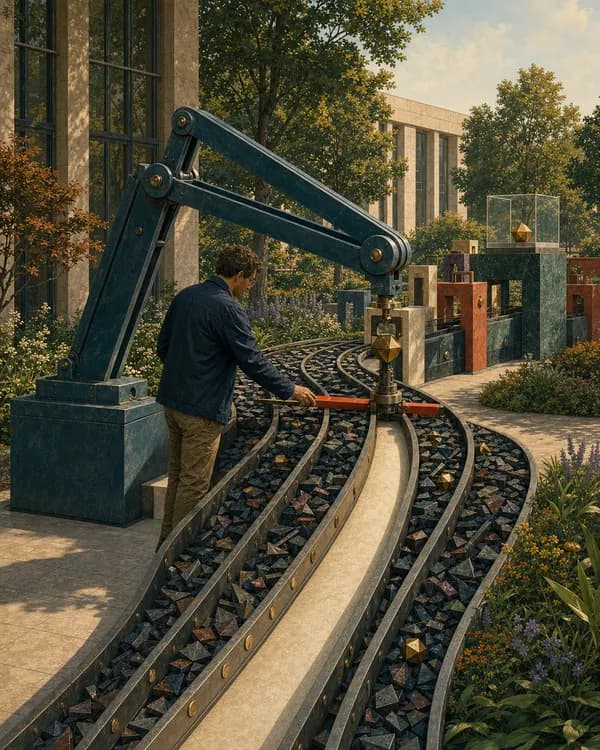 A mechanical arm holding a red bar across a junction in a bright hall