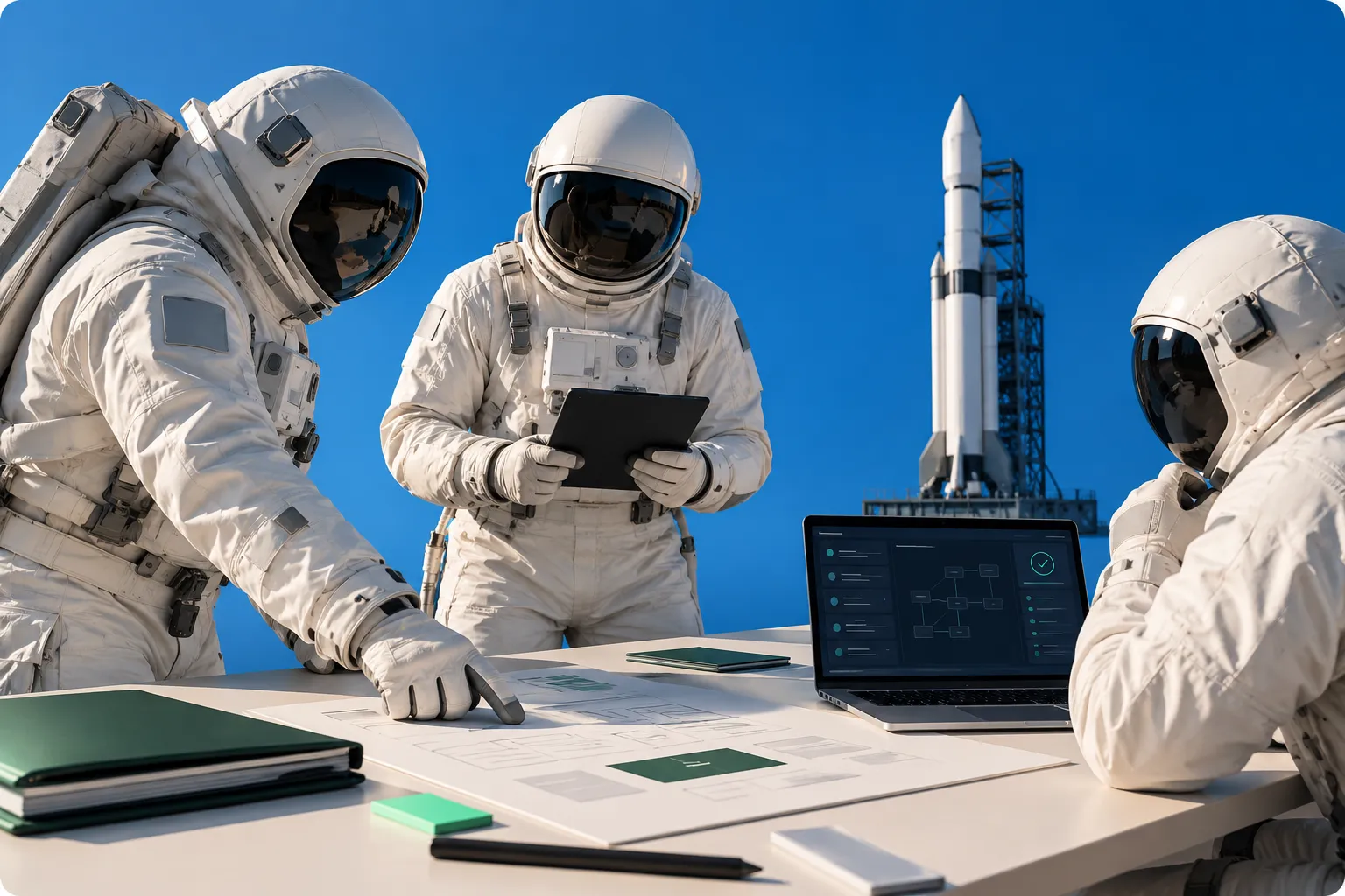 Illustrative astronaut team reviewing a launch together using a tablet, laptop and shared plans