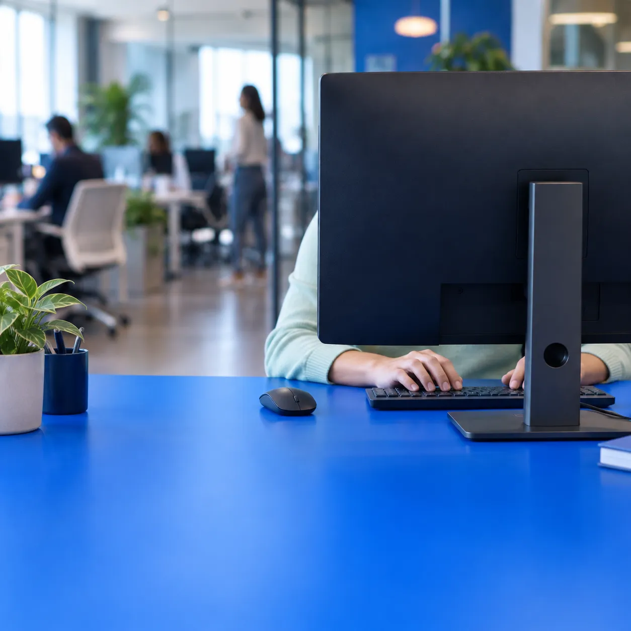 A person working behind a desktop monitor at a blue desk, with their face obscured and a busy office behind