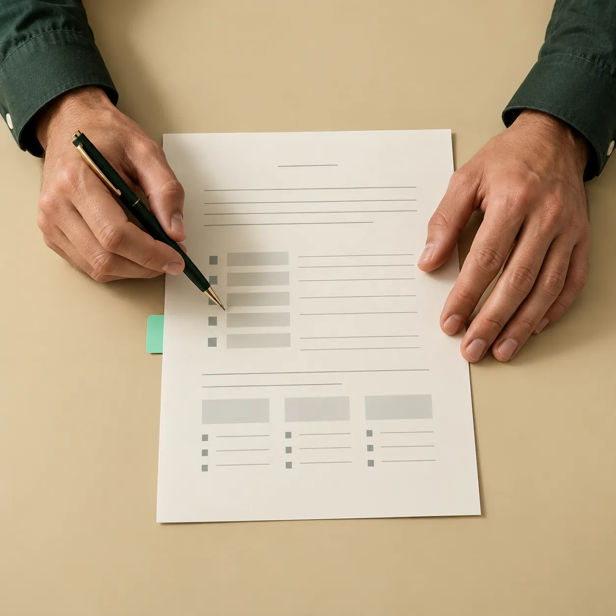 Hands reviewing a document on a sand-coloured desk