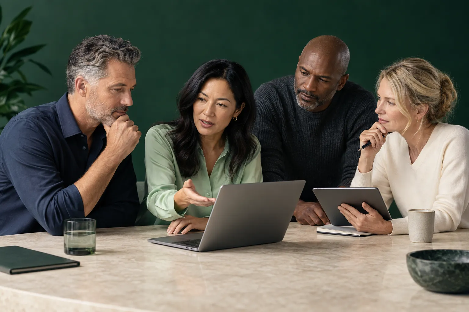 Illustrative leadership team discussing a shared screen around a table